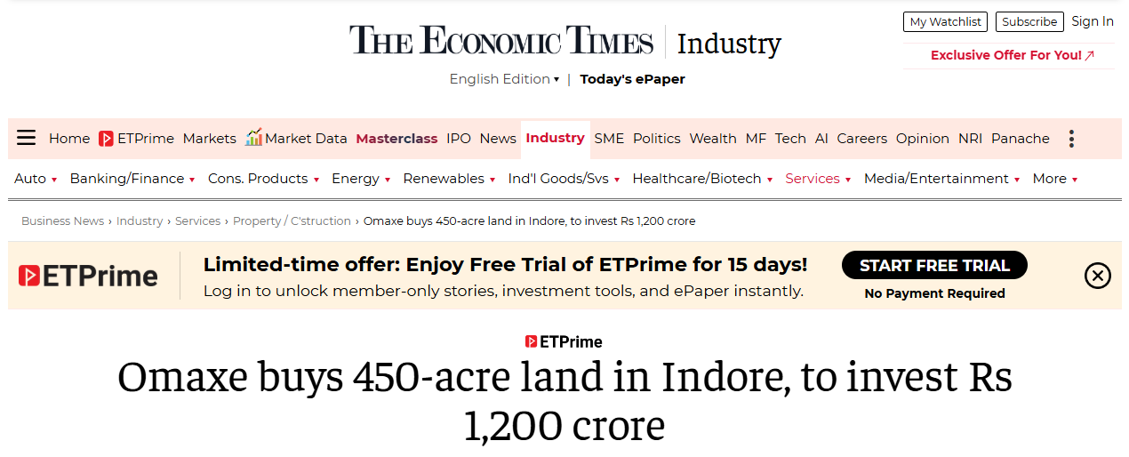 Times of India news coverage of Omaxe Super Corridor project